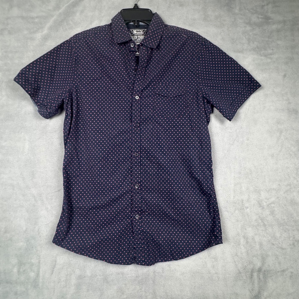 Broken Threads Mens Medium Navy Blue Pink Star Print Button Down Shirt Cotton